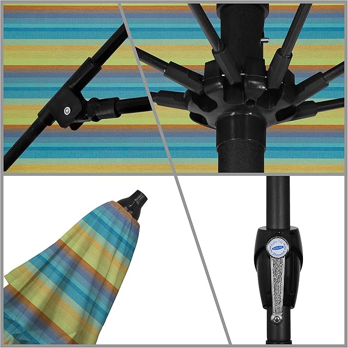 California Umbrella 12-Year Protection 9-Ft Outdoor Patio Umbrella, Sunbrella Fade-Resistant Acrylic Fabric, Auto Tilt and Crank, Heavy-Duty Aluminum Frame/ Reinforced Ribs, Bronze Pole, Astoria Lagoon