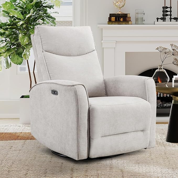 ANJ Power Swivel Recliner Chair,Electric Glider Rocker Recliner with USB Port, Nursery Recliner Sofa Soft Fabric Rocking Chairs for Living Room, Bedroom,Light Grey