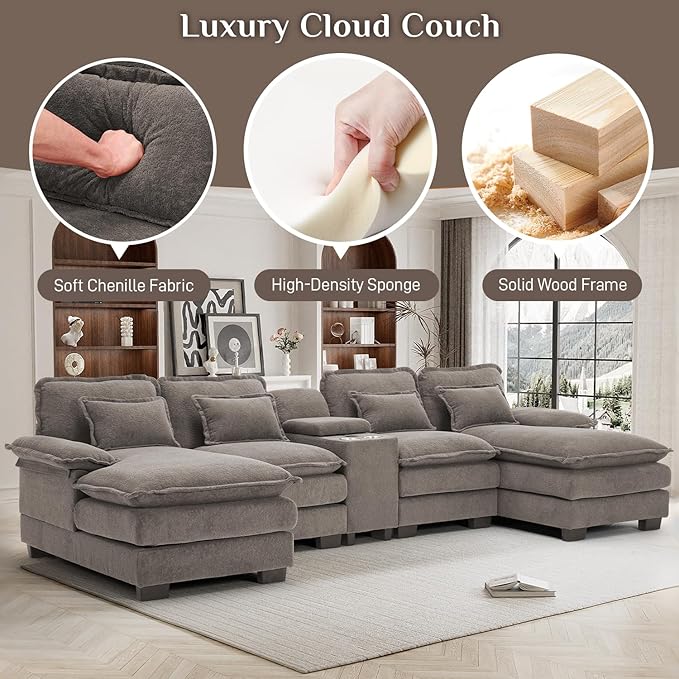 133" Oversized U Shaped Cloud Couch Modular Sectional Couches for Living Room Comfy Chenille Deep Seat Sofa Set with Double Chaise Lounge, Storage Central Console, Cup Holders, USB Port, Stone Grey