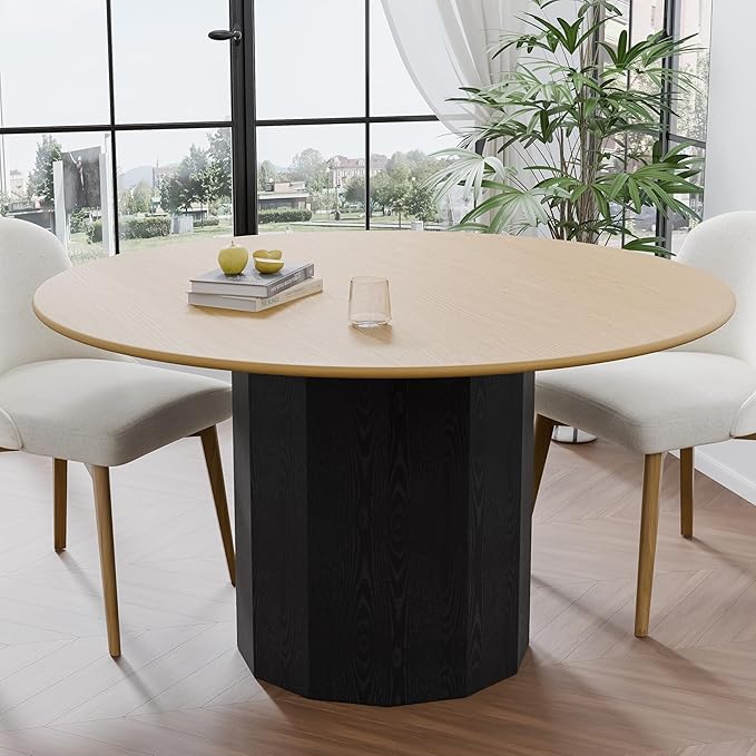 Casaphoria 52 inch Round Dining Table for 6, Natural Wood Top with Black Cylinder Pedestal Base, Two-Tone Modern Kitchen Table, Easy Assembly