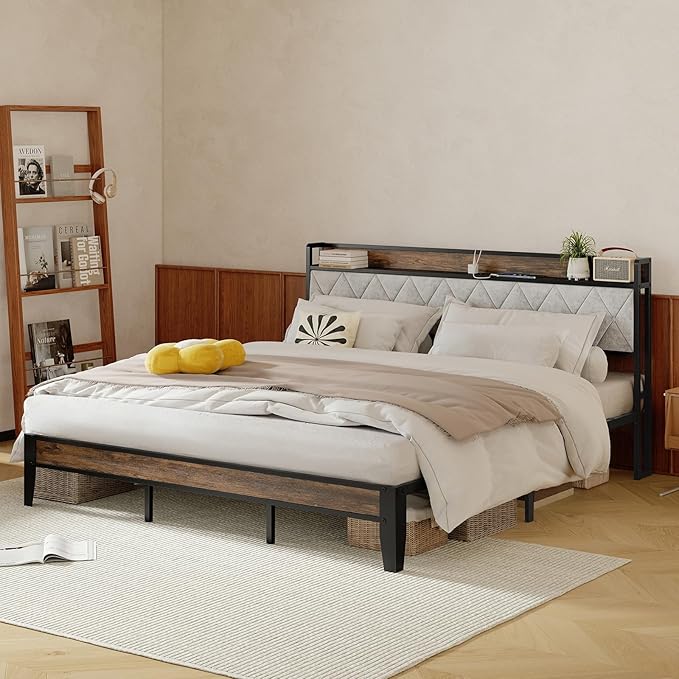 Sweetcrispy King Bed Frame with Headboard, Storage Headboard with USB Charging Station, Durable Squeak-Free Frame, Simple No-Tool Assembly,Works with King Mattress No Box Spring Needed
