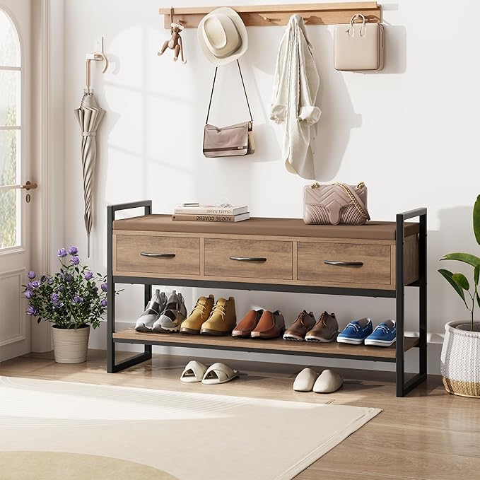 Shoe Bench, 39.4" Shoe Storage with Cushion, Industrial Rack Organizer with Fabric Drawers for Entryway, Hallway, Brown