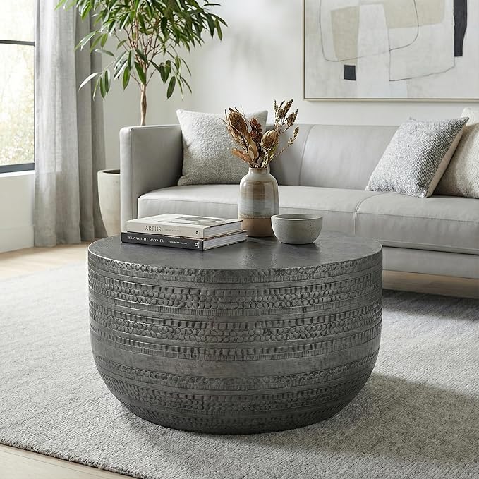 SIMPLIHOME Johnsen Metal Coffee Table - 30 inch Wide Solid Metal Round Drum Accent Table in Distressed Nickel, Boho Coffee Table for Living Room with Decorative Textured Design, Assembled