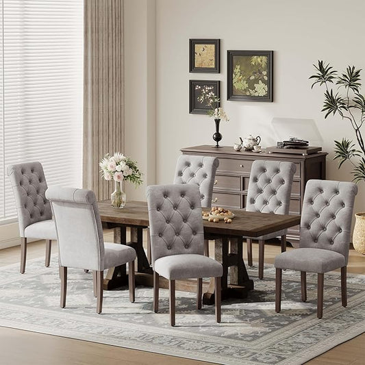 Upholstered Tufted Dining Room Chairs Set of 6, Parsons Kitchen Chairs with Padded Seat and Solid Wood Legs, Fabric Accent Side Diner Chair for Dining Room/Kitchen/Living Room, Light Grey