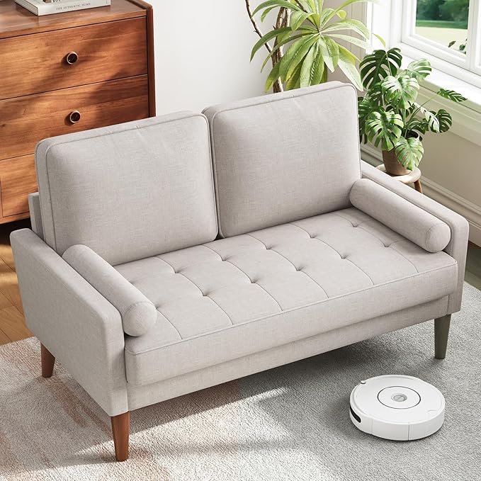 Vesgantti Loveseat Sofa with Solid Wood Legs, 48" Small Couches for Small Spaces, Love Seat for Living Room, Bedroom, Easy Assembly Mid Century Modern Couch with Throw Pillow for Apartment, Ashbeige