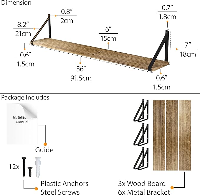 Wallniture Bora 36 Inch Large Floating Shelves for Wall Storage, Floating Bookshelf Set of 3, Burned Wood Wall Shelves for Books