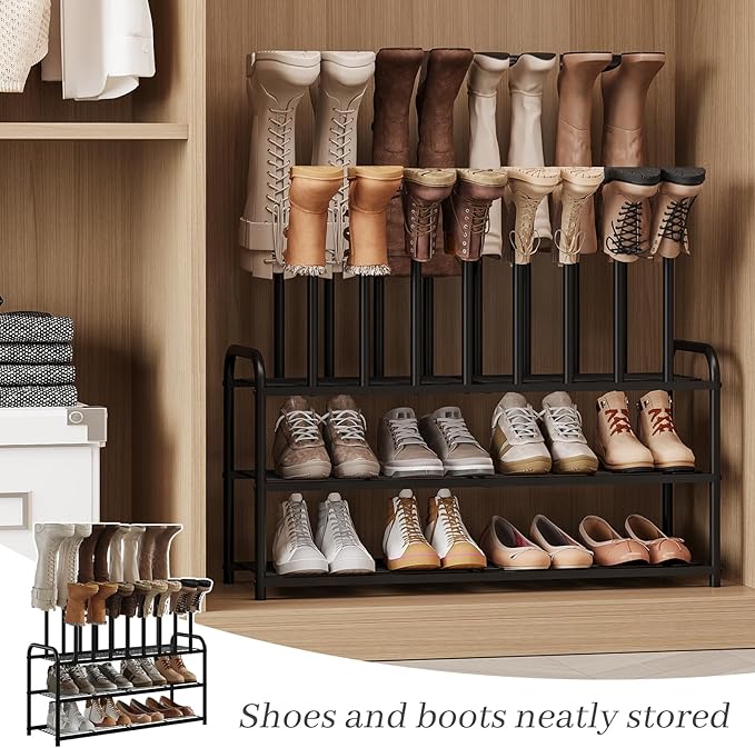 Shoe Rack - 3-Tier Metal Boot Rack Organizer for Entryway, Closet & Garage, Free Standing Shoe Shelf for Storage Tall Boots, Sneakers, Cowboy Boots, Black (Large - 8 Pairs)