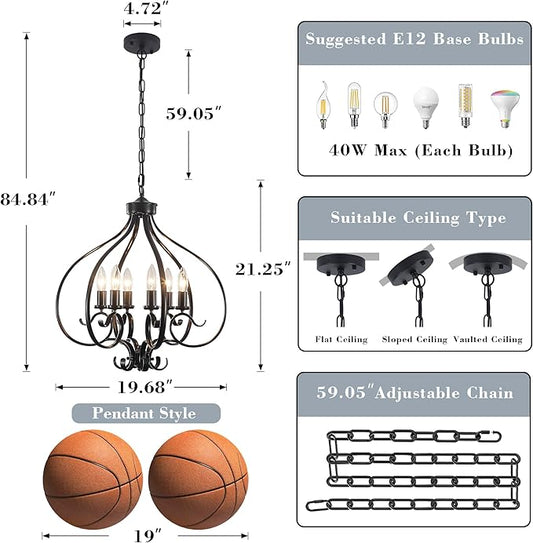 6-Lights Farmhouse Chandelier,19.68" Large Black Farmhouse Chandelier for Dining Room,Modern Vintage Rustic Adjustable Pendant Light Fixture for Kitchen Island Living Room Entryway Hallway Foyer
