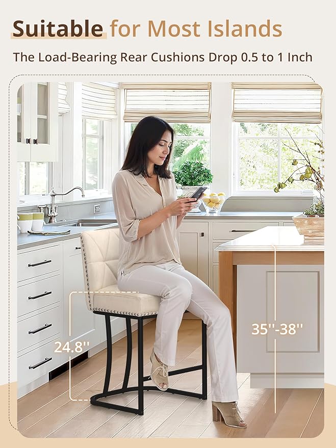 LUE BONA 24" Bar Stools Set, Counter Height Bar Stools with 5.5" Thick Cushion, Upholstered Leather Barstools with Metal Frames for Kitchen Island, Dining Room, Apricot Grey