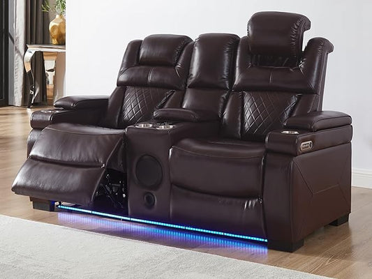 THSUPER Power Breathable Leather Reclining Loveseat with 7-Color LED Light, Living Room Recliner Couch with Adjustable Headrest/USB Port/Wireless Charging/Bluetooth Speaker for Living Room, Brown