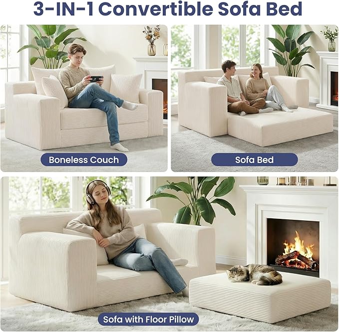 3-in-1 Convertible Sofa Bed: Boneless Loveseat Sleeper & Folding Couch Bed with 4 Pillows & Detachable Cushion for Bedroom, Small Space, Guest and Living Room, Corduroy Futon, No Assembly,Beige