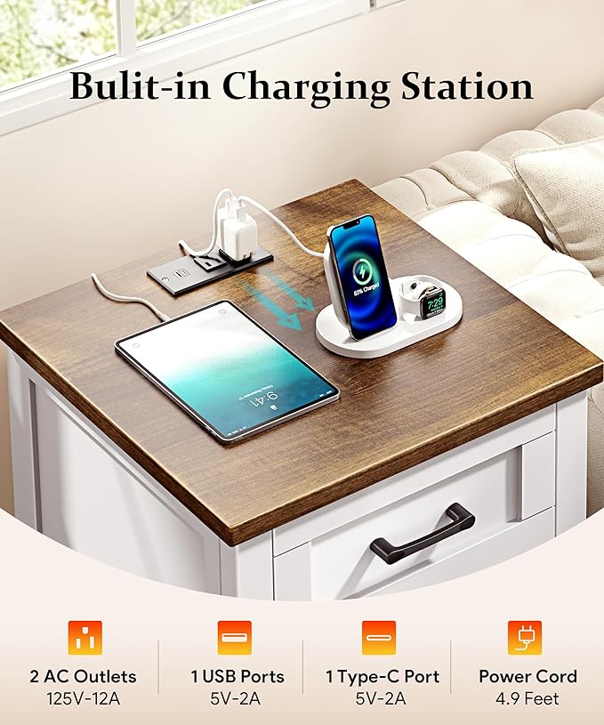 Farmhouse Nightstand with Charging Station & Large Storage, Modern End Tables with Outlets, USB Ports and Type-C Ports, Easy Assembly for Bedroom (Pure White + Walnut)