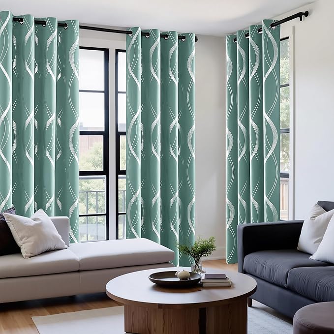 NICETOWN Aqua Blue Foil Print Curtains 90 inch Long for Patio, Wave Silver Line Pattern Drapes Contemporary Style for Elegant Home Decoration, W52 x L90 inch, 2 Panels