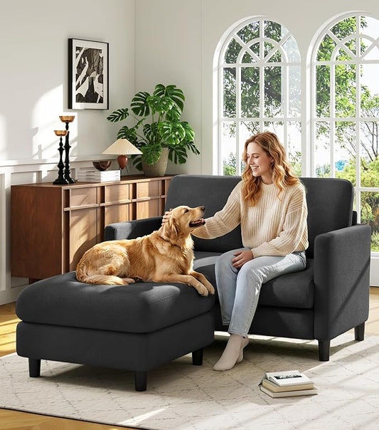 Welzona Loveseat, 51" Small L Shaped Couch, Comfy Teddy Love Seat with Ottoman Set, Tool-Free Setup Loveseat Sofa with Ottoman, All-Wood Small Sofa Couch for Bedroom, Couch for Living Room, Grey
