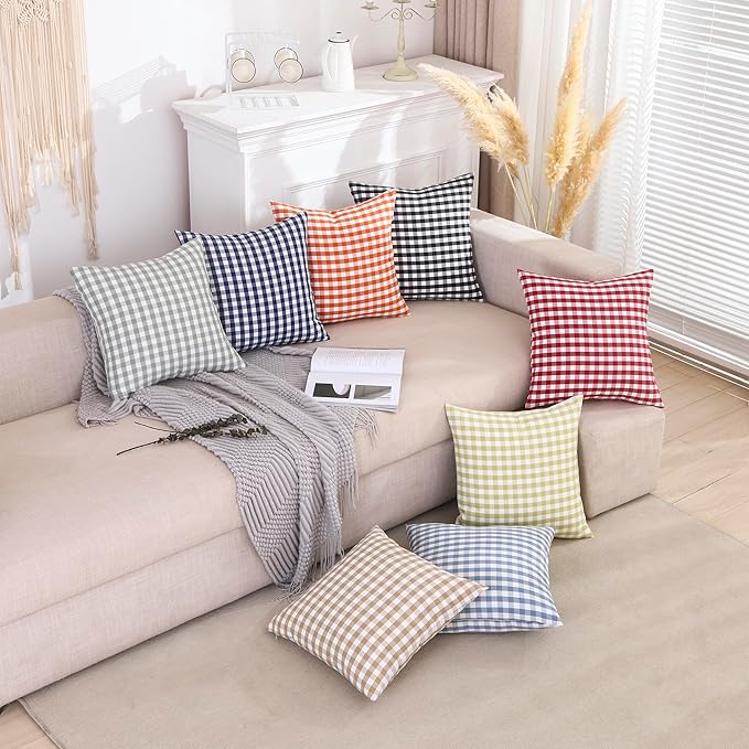CARRIE HOME Light Blue Farmhouse Buffalo Plaid Pillow Covers 18x18 Set of 2 Patio Outdoor Decor Neutral Checkered Pillow Covers 18 x 18, Blue and White Gingham