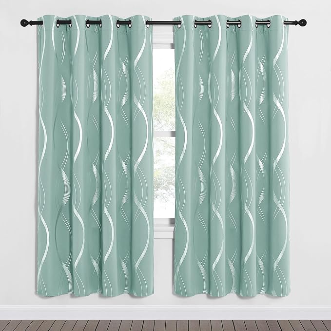 NICETOWN Aqua Blue Stripe Curtain Panels 63 inch Long for Dining Room and Patio, W52 x L63 inch, Wave Line Foil Print Design Pattern Drapes for Modern Apartment Wall Decor, 2 Panels