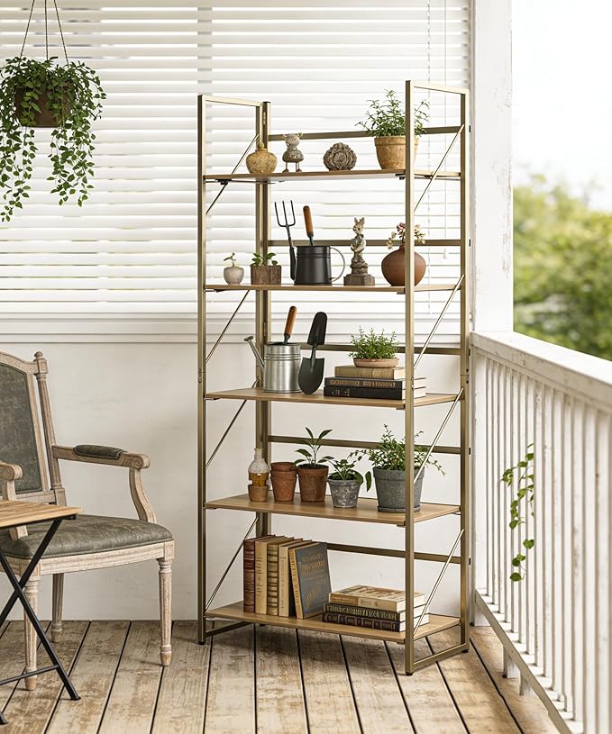 Folding Bookshelf,Multifunctional Foldable Plant Stand Storage Rack Shelves for Home Office, Easy Assembly, 5-Tier,Gold & Nature Wood