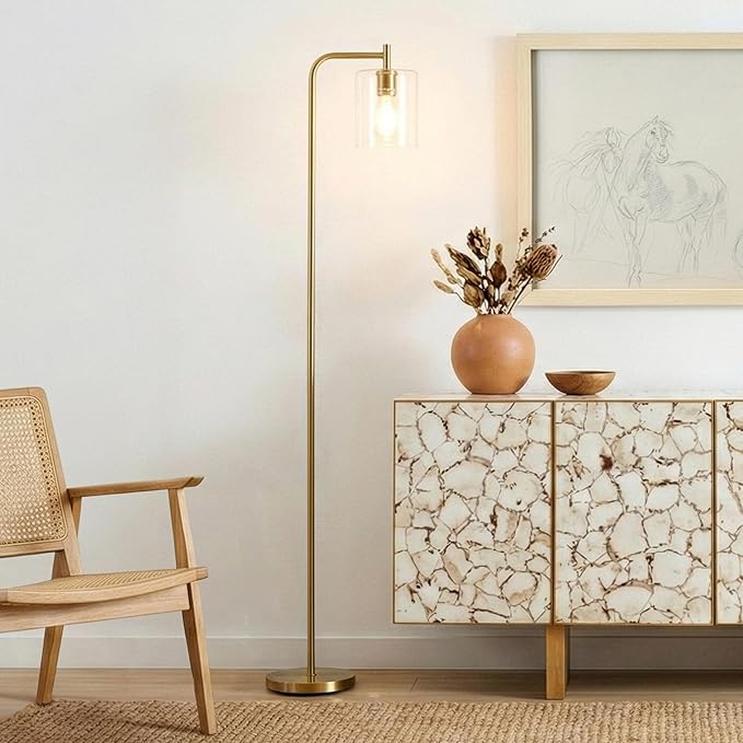 Brightech Elizabeth LED Floor lamp, Tall Lamp with Glass Shade & Edison Bulb, Industrial Lamp for Living Rooms & Offices, Vintage Standing Lamp for Bedroom in Farmhouse or Rustic Style - Gold