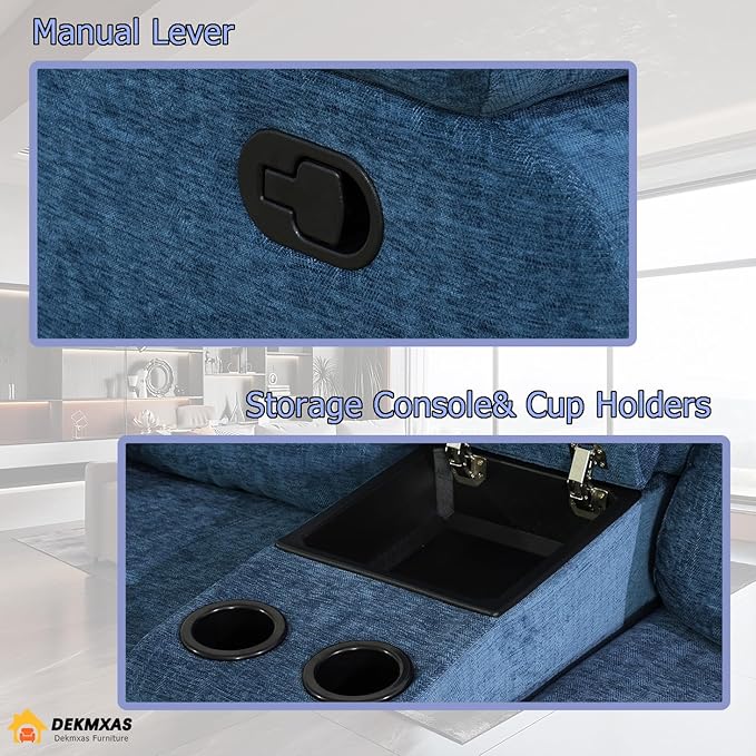 Fabric Recliner Sofa Set - Modern Manual Reclining Living Room Furniture With Cup Holders & Storage Console (Blue, 3 PCS Set)