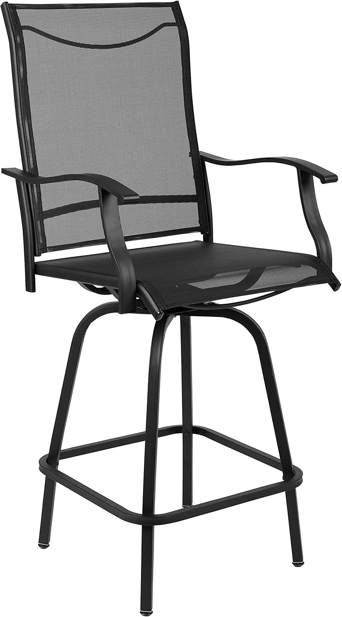 Flash Furniture Valerie All-Weather Swivel Patio Barstools with Footrest and Armrests, Modern Sling Outdoor Bar Height Stools, Set of 2, Black