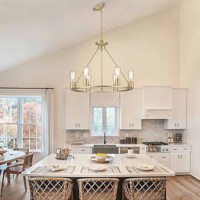 6-Lights Gold Chandelier | Dia 24'' Farmhouse Wagon Wheel Chandelier | Rustic Hanging Dining Room Light Fixture | Apply to Living Room | Kitchen Island | Entryway | Foyer