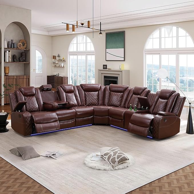 Power Recliner Sectional Couch with LED, Leather Reclining Sofa for Living Room, Muti-Functional Recliner Corner Sofa with Storage Console/Cup Holders/USB Ports (Dark Red, SECTIONAL+Chair)