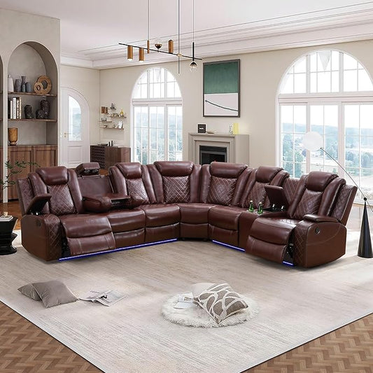 Power Recliner Sectional Couch with LED, Leather Reclining Sofa for Living Room, Muti-Functional Recliner Corner Sofa with Storage Console/Cup Holders/USB Ports (Dark Red, SECTIONAL)