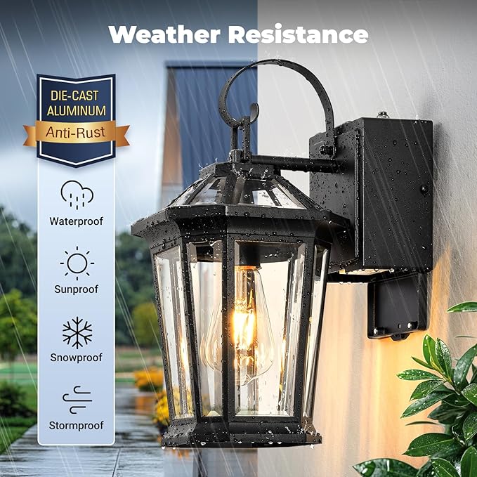 Black Dusk to Dawn Outdoor Light with GFCI Outlet, Modern Porch Lights Outdoor with Tempered Glass, Waterproof Anti-Rust Exterior Lighting Fixtures, Outside Wall Lights for Front Door,Garage,Backyard
