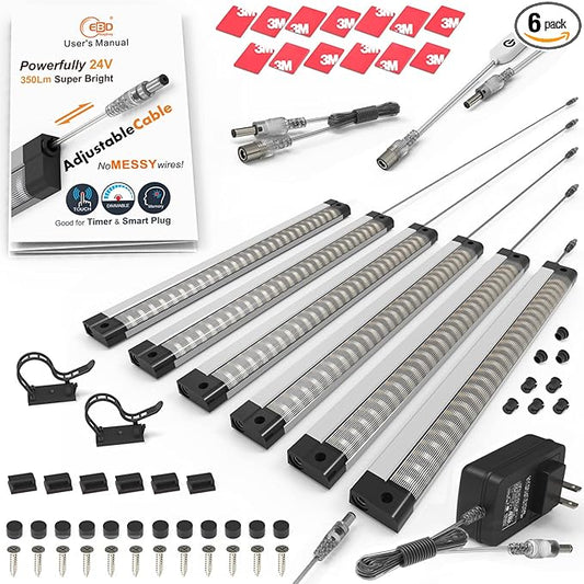EBD Under Cabinet Lights Touch LED Under Cabinet Lighting Built-in Adjustable Cable No Messy Wires! 6 Pcs Super Bright Light Bar 6500K Cool White 2100Lm Good for Timer & Smart Plug