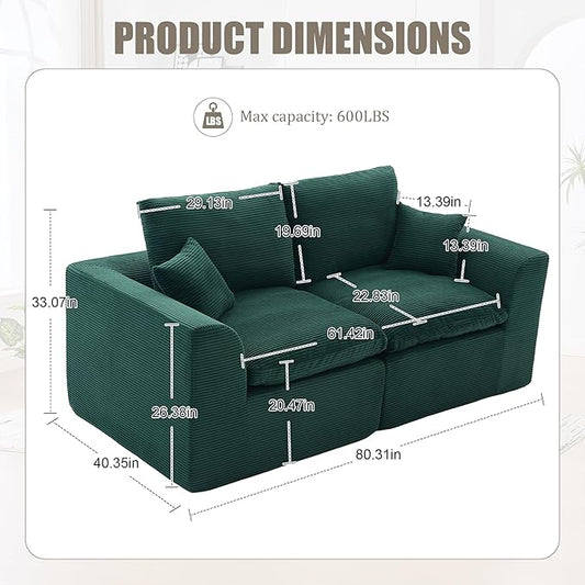 80.3" Cloud Loveseat Boneless Sofas for Living Room, 2 Seaters Modular Foam Cloud Sofa Couches, 2 Seat Compression Foam Couch with Toss Pillows, No Assembly Required