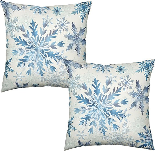 Set of 2 Winter Snowflake Pillow Covers Blue Christmas Decorative Throw Pillow Cases 16x16 Inch Farmhouse Xmas Holiday Outdoor Cotton Linen Pillowcase for Living Room Couch Sofa Decor