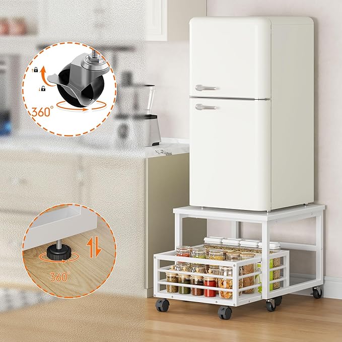 HOOBRO Mini Fridge Stand with Movable Storage Basket, Mini Fridge Cabinet with Wheels and Adjustable Feet, Sturdy Metal Frame, for Home, Apartment, Office, White WW155TL01