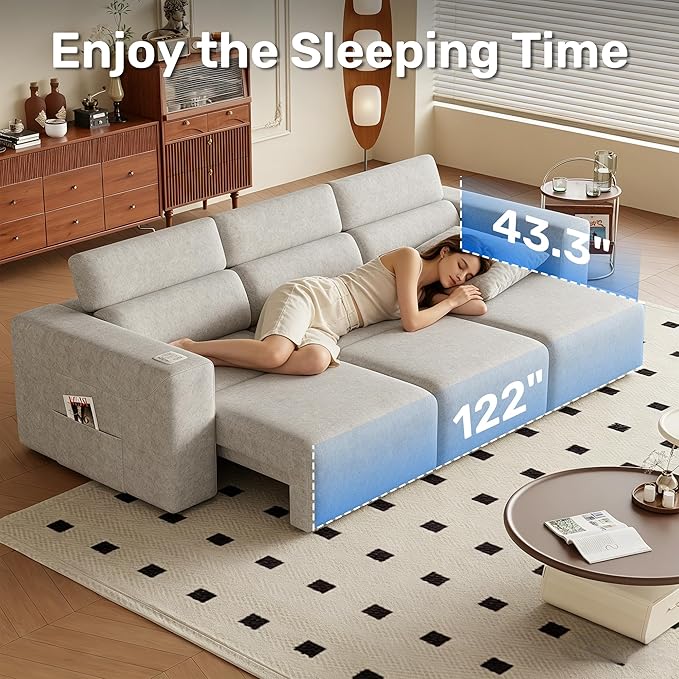 122” Electric Pull Out Sleeper Sofa Bed, 3-Seat Recliner Sofa Modular Couch with Bluetooth Stereo, Wireless Charging, Side Pocket, Power Recliner Couch for Living Room, Home Theater, Apartment(Grey)
