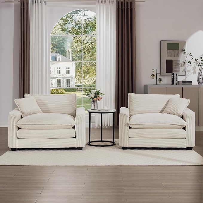 KEIKI 2-Piece Sofa Set with 2 Oversized Corduroy Single Sofa, Upholstered Modern 2-Seater Lounge Accent Chair Set with 2 Pillow, High-Density Foam Cushions, Removable Armrests, for Living Room, Beige