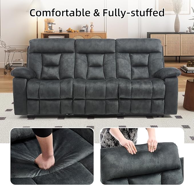 EBELLO Reclining Sofa for Living Room, Extra Wide Modern Overstuffed 3 Seat Recliner Manual Sofa with Hidden Armrest Cup Holders, Soft Breathable Fabric and Padded Seat, Dark Greenish-Grey