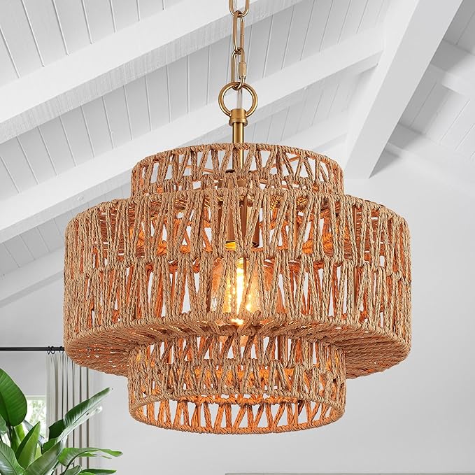 12.6" Hand-Woven Rattan Pendant Light Fixture Vintage Farmhouse Boho Bamboo Pendant Lighting Mini Drum Wicker Rattan Golden Chandelier for Kitchen Island, Bedroom, Dining Room, Entryway, Foyer