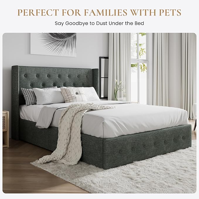SHA CERLIN Full Size Lift Up Storage Bed Frame,Button Tufted Wingback Headboard,Upholstered Platform,Hydraulic Storage,Wooden Slat Support,No Box Spring,Dark Grey