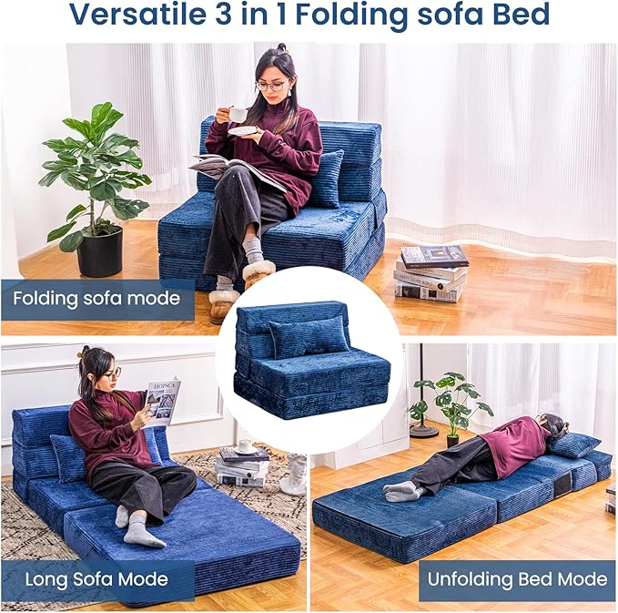 Cvortll Folding Sofa Bed, Convertible Sleeper Chair with Pillow, High Density Memory Foam Fold Out Couch, Foldable Mattress Futon Sofa for Living Room/Dorm/Guest Use/Apartment/Home Office