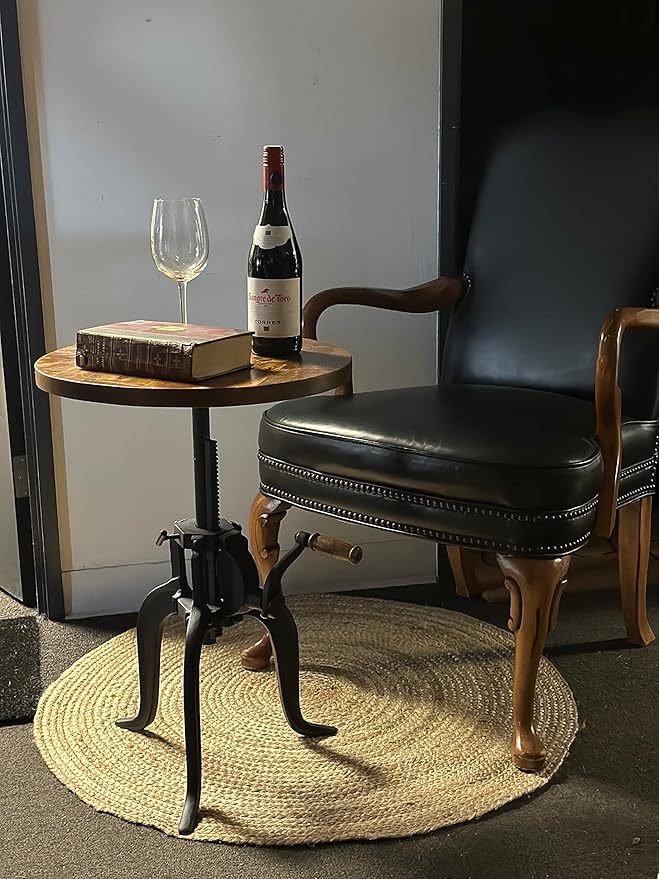 NACH Solid Mango Wood/Cast Iron Kai Adjustable Crank Side Table, 18" x 1.13" x 18-27", Black, CC-1816