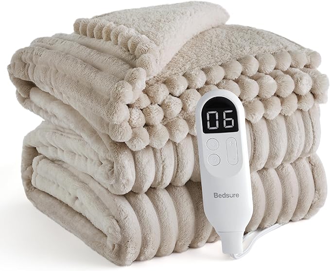 Bedsure Electric Blanket Twin - Thick Striped Flannel Electric Blanket, Heating with 10 Time Settings, 6 Heat Settings, and 8-Hour Timer Auto Shut Off, Gift for Grandma (62x84 inches, Linen)