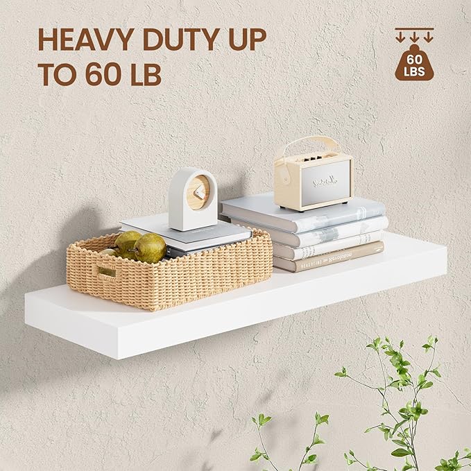 Heimlove 24 Inch Floating Shelves for Wall White Shelves Set of 2,Wall Mounted Rustic Wood 8 Inch Deep Floating Shelf with Invisible Brackets for Bedroom Kitchen Living Room