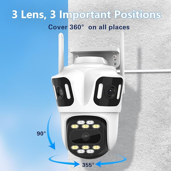 3 In 1 Security Camera Indoor Outdoor, 360° View Pan/Tilt Wi-Fi Camera Wired 24/7 Recording, 32GB Local Storage, No Subscription, Free AI Detection, Motion Tracking, 2 Way Audio, Color Night Vision
