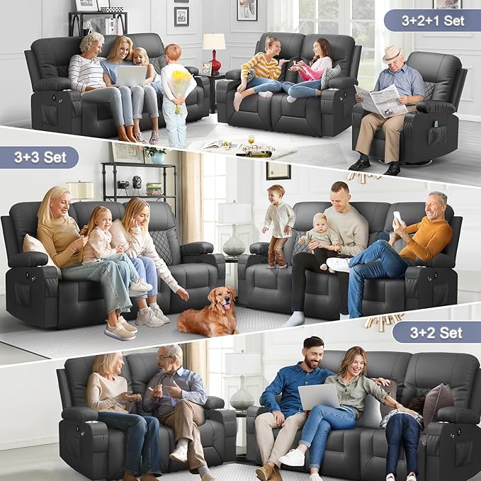 FURNIMAT Recliner Sofa Set with 3+1+1 Pieces in Living Room, 3 Seater Reclining Sofa, 2 Recliner Chair with 360 Degree Swivel Single Sofa Seat