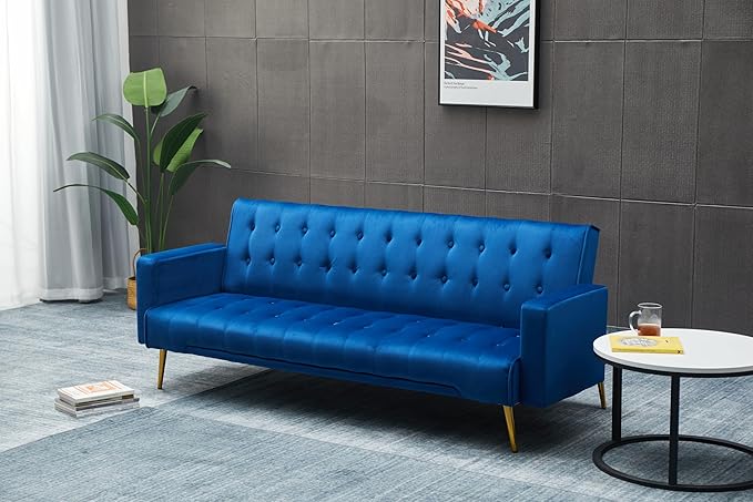 Eafurn Convertible Futon Sofa Bed, 75″Velvet Fabric Futons Loveseat Couch with Adjustable Backrest, Folding Sleeper Recliner Daybed for Living Room Furniture | Golden Legs, Wood Frame