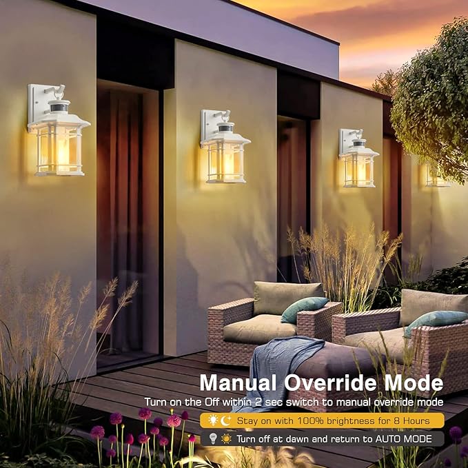 VIANIS Motion Sensor Exterior Lights for House, White Dusk to Dawn Outdoor Lighting, 100% Waterproof Front Porch Light Fixtures, Modern Exterior Sconce with Tempered Seeded Glass for Garage