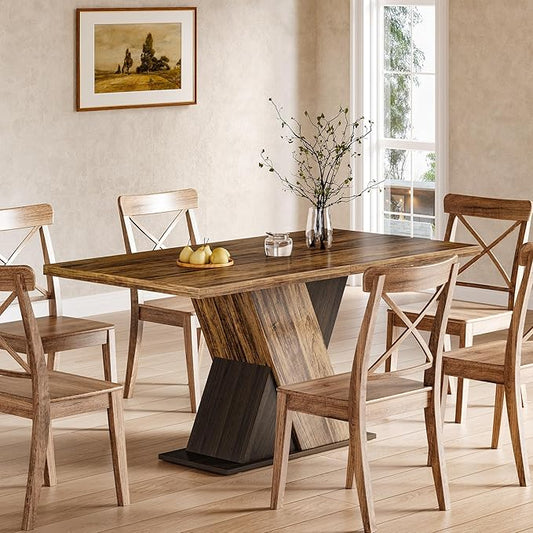 LITTLE TREE 55-Inch Dining Table for 6, Wooden Rectangle Kitchen Table, Large Dining Room Tables, Industrial Dinner Table with Heavy Duty Pedestal, Rustic Brown