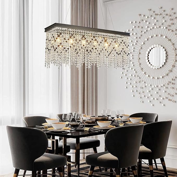 Q&S Black Modern Crystal Chandelier,L30 6-Light Luxury Rectangle Chandelier Light Fixtures for Dining Room Kitchen Island Bar UL Listed