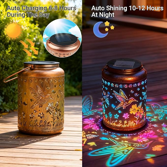 2 Pack Hummingbird Solar Lanterns Outdoor Waterproof, Birthday Gifts for Women Mom Grandma Seniors, Metal Hanging Lanterns Decorative Colorful LED Lights for Lawn, Yard, Patio, Backyard, Porch