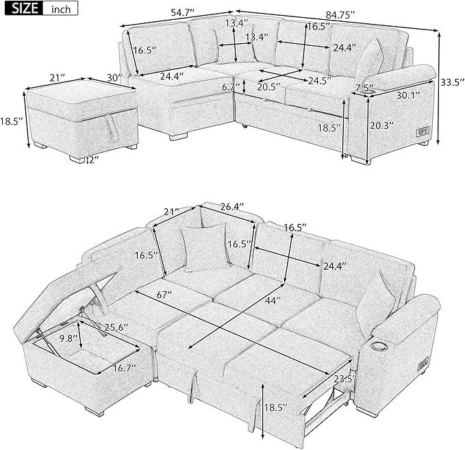 Merax Sofa Bed Sleeper Couch L Shaped Sofa with Storage Ottoman and Cup Holder, L-Shape Sectional Couch with Comfortable backrest and Charging Function for Living Room and Small Apartment (Beige)