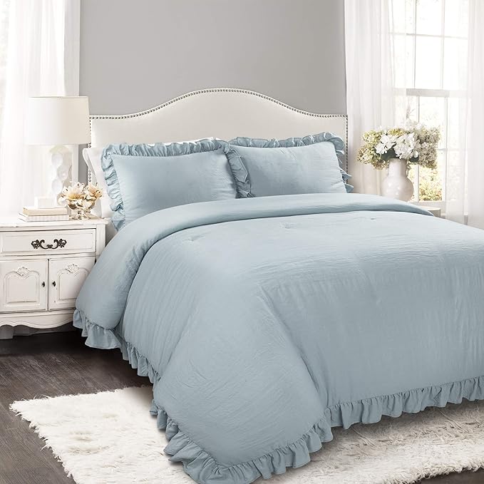 Lush Decor Reyna Ruffle Comforter Set, King, Lake Blue, 3 Piece Cozy Bedding Set
